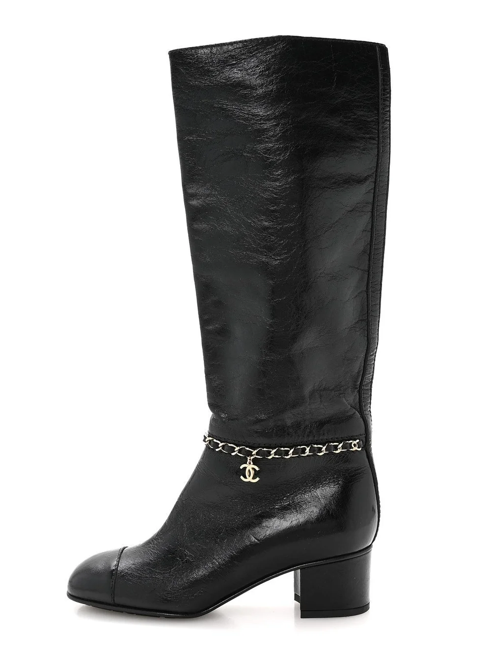CHANEL Black Leather Knee Boots with Chain CC Charm